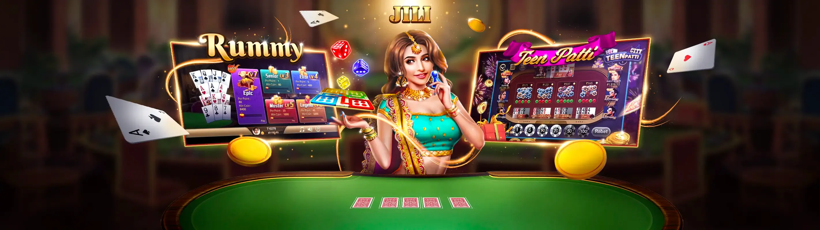 Sòng bạc trực tuyến Bet8 Win sang trọng với bàn chơi Baccarat và ánh sáng xanh vàng